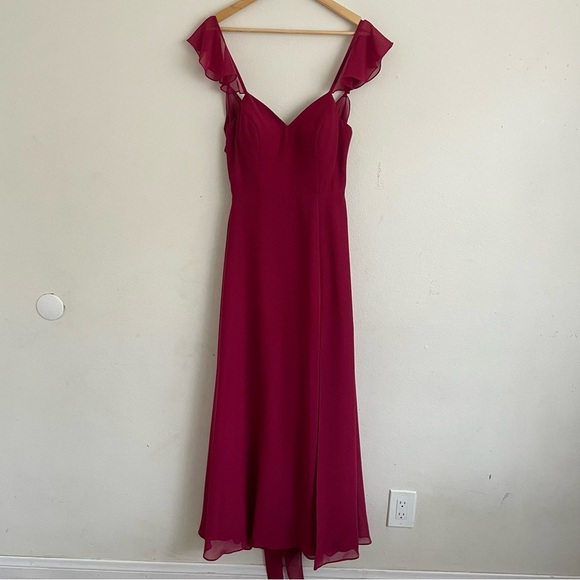 Azazie Everett A-Line V-Neck Ruched Chiffon Dress – Mulberry, Size 8 - Picture 2 of 6